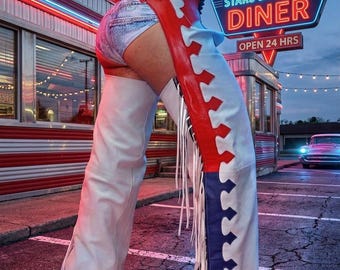 Women Leather Chaps, Patriotic Fringe Cowgirl Chap, Red White Blue Western Outfit, Festival Wear White Blue Leather Pants