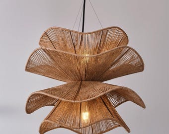 Handmade Rattan Flower Pendant Light, Woven Bamboo Hanging Lamp, Boho Ceiling Fixture