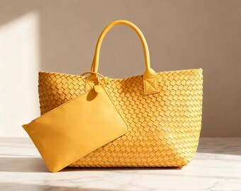 Bolsa tote grande em couro PU trançado com carteira combinando – Bolsa de ombro feminina