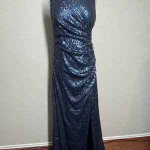 Adrianna Papell Navy Sequin Embellished Cowl Drape Open Back Slit formal dress image 1