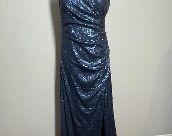 Adrianna Papell Navy Sequin Embellished Cowl Drape Open Back Slit formal dress