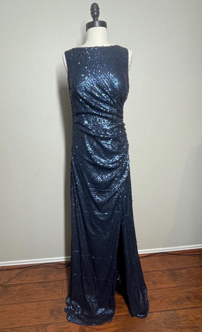 Adrianna Papell Navy Sequin Embellished Cowl Drape Open Back Slit formal dress image 1
