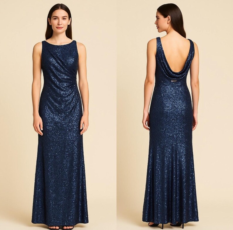 May include: A navy blue sequined formal gown. The sleeveless dress features a draped bodice and a floor-length skirt. The back of the dress has a cowl neckline. The dress is shown from the front and back.