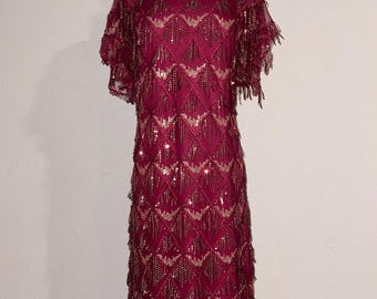 Ashley Stewart Burgundy Geometric Sequin Fringe Cold Shoulder Sheath  14/16