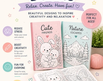 Könnte beinhalten: Zwei Malbücher mit pastellfarbenen Einbänden mit den Titeln Cute Friends und Nature Escapes sowie ein aufgeschlagenes Buch mit einer Katzen- und Schmetterlingsillustration. Der Text lautet COLORING BOOKS, Relax. Create. Have fun! und enthält Beschriftungen.
