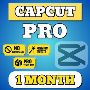 Puede incluir: Un gráfico digital que muestra el texto CAPCUT PRO en letras negras negritas sobre un fondo amarillo. Debajo hay tres etiquetas amarillas que dicen NO WATERMARK, PREMIUM EFFECTS y PRO TEMPLATES. Se incluyen un logo azul de CapCut y una etiqueta 1 MONTH.