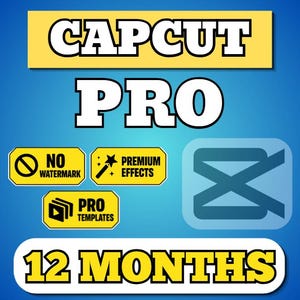 Puede incluir: Un gráfico digital que muestra el texto CAPCUT PRO en letras blancas en negrita sobre un fondo amarillo. Debajo hay tres etiquetas amarillas que dicen NO WATERMARK, PREMIUM EFFECTS y PRO TEMPLATES. Un logo azul de CapCut y el texto 12 MONTHS son visibles.