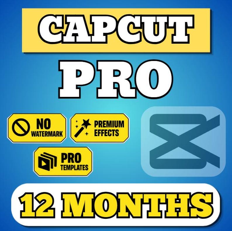 K&ouml;nnte beinhalten: Eine digitale Grafik mit dem Text CAPCUT PRO in fetten wei&szlig;en Buchstaben auf gelbem Hintergrund. Darunter befinden sich drei gelbe Etiketten mit der Aufschrift NO WATERMARK, PREMIUM EFFECTS und PRO TEMPLATES. Ein blaues CapCut-Logo und der Text 12 MONTHS sind zu sehen.