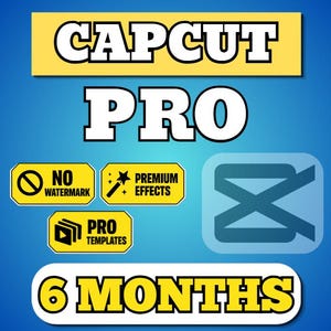 Puede incluir: Un gráfico digital que muestra el texto CAPCUT PRO en letras blancas en negrita sobre un fondo amarillo. Debajo hay tres etiquetas amarillas que dicen NO WATERMARK, PREMIUM EFFECTS y PRO TEMPLATES, junto al logo de CapCut y 6 MONTHS.