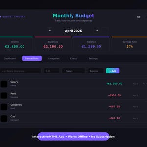 Digital hushållsbok Interaktiv HTML-app | Budgetspårning | Fungerar offline | Mörkt läge | Engelska Tyska | Utgiftsspårning