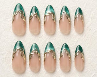 Cat Eye Press-On Nails | Green Chrome French Tip | Gold Accent | Almond Shape | Custom