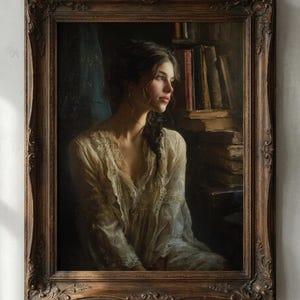 May include: A vintage oil painting in a dark wood ornate frame. The portrait depicts a woman in a cream-colored dress with lace detailing, seated near a stack of books. The woman has dark hair and is looking off to the side.