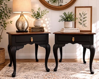 one pair of black end coffee tables. Walnut top, Queen Anne Style, cabriole legs