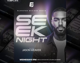 Könnte beinhalten: Eine bearbeitbare Canva-Flyervorlage für Seek Night mit einem Schwarz-Weiß-Porträt einer bärtigen Person. Der Text enthält Elevated Designs Media, Pastor Jason Weaver, Wednesdays 7pm und 888 Elevation Way, Atlanta, GA 88888.