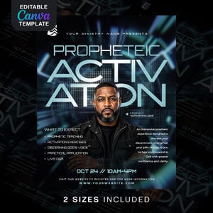 Pode incluir: Um modelo de folheto digital para eventos com um homem barbudo vestindo uma jaqueta preta. O texto diz PROPHETIC ACTIVATION, Prophet Nathan Williams, e lista detalhes do evento, 24 de outubro, 10h-16h, e um site para registro.