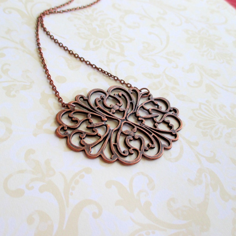 Shabby chic Vintage style necklace Metal lace jewelry Romantic boho jewelry Antique copper filigree necklace Organic rustic necklace
