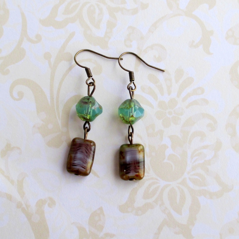 Green purple glass earrings Antiqued brass jewelry Nature accessories Rustic boho Earthy bohemian Whimsical woodland Cottagecore