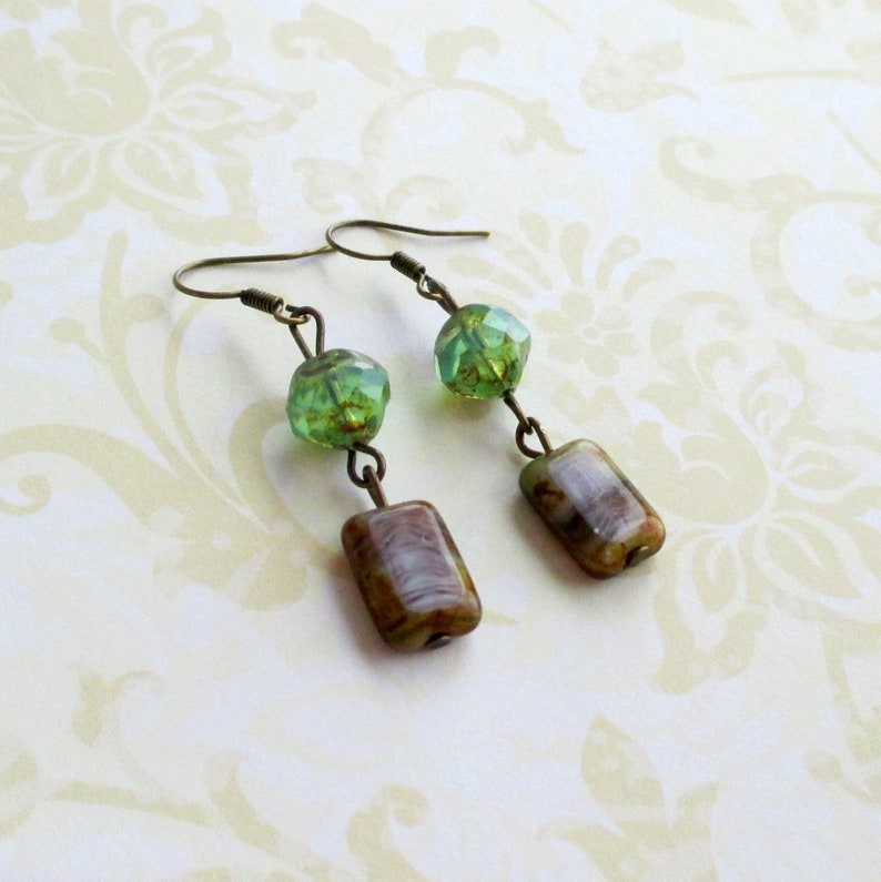Green purple glass earrings Antiqued brass jewelry Nature accessories Rustic boho Earthy bohemian Whimsical woodland Cottagecore