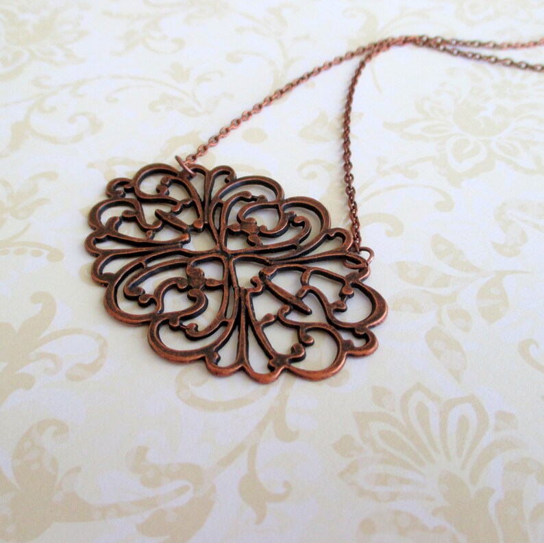 Shabby chic Vintage style necklace Metal lace jewelry Romantic boho jewelry Antique copper filigree necklace Organic rustic necklace