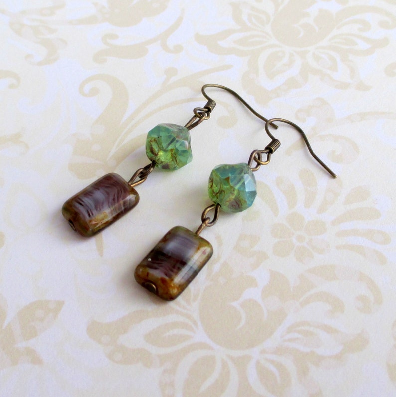 Green purple glass earrings Antiqued brass jewelry Nature accessories Rustic boho Earthy bohemian Whimsical woodland Cottagecore