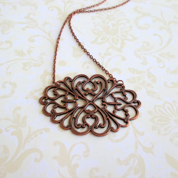 5 Antiuque Copper Filigree Hollow Locket Heart Pendants 26x24mm