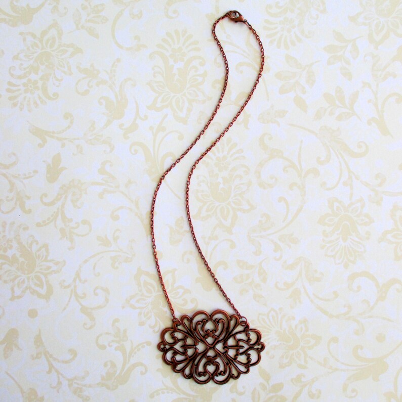 Shabby chic Vintage style necklace Metal lace jewelry Romantic boho jewelry Antique copper filigree necklace Organic rustic necklace