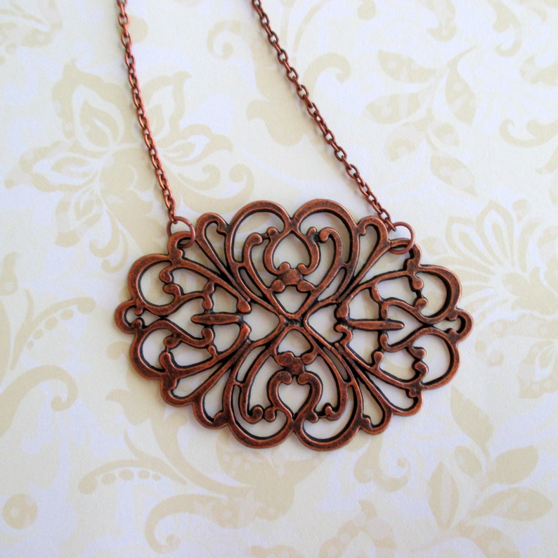 Shabby chic Vintage style necklace Metal lace jewelry Romantic boho jewelry Antique copper filigree necklace Organic rustic necklace