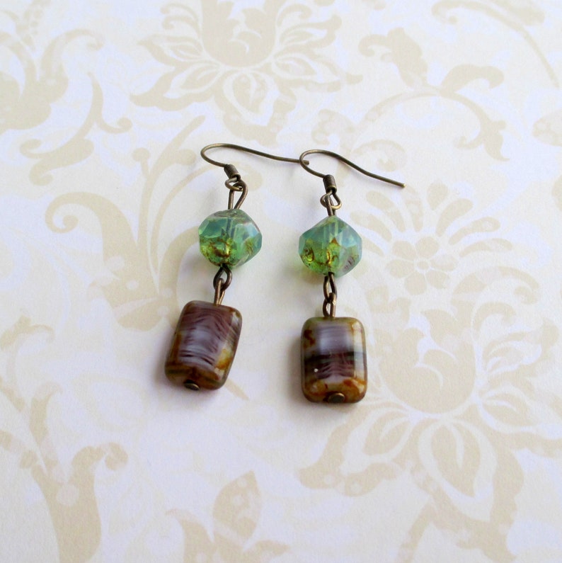 Green purple glass earrings Antiqued brass jewelry Nature accessories Rustic boho Earthy bohemian Whimsical woodland Cottagecore