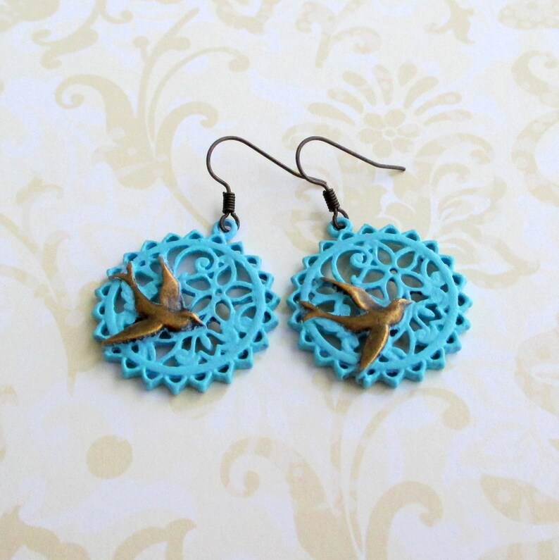Bird earrings Swallow jewelry Vintage style Nature accessories Art Nouveau Romantic Victorian Rustic boho Bohemian cottagecore
