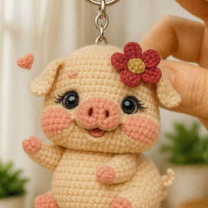 May include: A beige crochet pig keychain featuring a small red flower with a yellow center on its head, large black eyes with long eyelashes, pink cheeks, and a small pink heart floating near its ear, attached to a silver metal keyring.