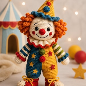 Peut inclure: Une poupée clown au crochet avec un chapeau conique jaune à pompon rouge, des cheveux bouclés orange et une collerette à volants. Le corps est divisé en sections bleue et jaune avec des étoiles, des manches rayées et des chaussures rouges.