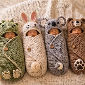 Può includere: Quattro neonati avvolti in fasce all'uncinetto con disegni di animali. Le fasce includono un dinosauro verde con punte, un coniglio color crema con orecchie lunghe e coda a pon-pon, un koala grigio con orecchie tonde e un orso marrone con zampa.