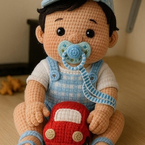 Little Rowan Amigurumi Crochet Pattern PDF, Baby Boy Doll, Gingham Outfit (Digital Download)