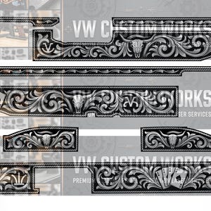 May include: A set of black and white laser-engraved dashboard trim panels featuring intricate western-style floral scrollwork, steer skull motifs, and playing card designs. The text VW CUSTOM WORKS is visible across the center of the image.