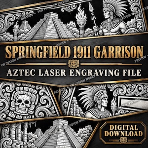 Könnte beinhalten: Eine digitale Lasergravurdatei für eine Springfield 1911 Garrison mit komplexen schwarz-weißen Illustrationen von aztekischen Pyramiden, einem Krieger mit Federschmuck, der einen Speer hält, und einem Totenkopfmotiv umgeben von Ornamenten.