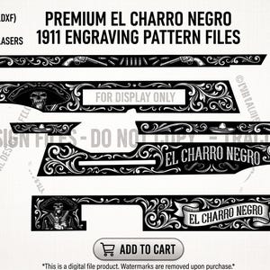Pode incluir: Arquivos digitais de padrões de gravação para Colt 1911, intitulados PREMIUM EL CHARRO NEGRO 1911 ENGRAVING PATTERN FILES. O gráfico em preto e branco apresenta volutas intrincadas, figuras de caveiras com sombreros e o texto EL CHARRO NEGRO.