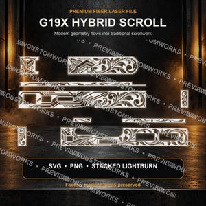 Puede incluir: Un archivo de diseño digital para grabado láser etiquetado como G19X HYBRID SCROLL. El gráfico presenta patrones geométricos y florales blancos sobre un fondo oscuro, incluyendo etiquetas de formato SVG, PNG y STACKED LIGHTBURN.