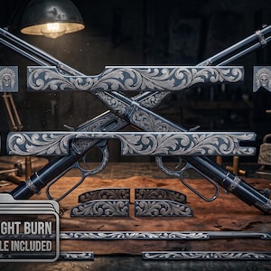 May include: An artistic display of disassembled firearms with intricate floral engravings. The image showcases various components, including the stock, receiver, and barrel, all adorned with detailed silver patterns. The text "LIGHT BURN FILE INCLUDED" is visible.