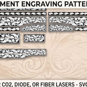 Puede incluir: Un archivo digital que presenta el ULTIMATE 1911 GOVERNMENT ENGRAVING PATTERN con intrincados diseños de volutas en blanco y negro. El diseño incluye varias formas de componentes para grabado láser, para láseres de CO2, diodo o fibra.