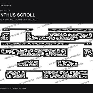Gravyrfiler för GI Acanthus-rullar från Rock Island 1911 | SVG, PNG, LightBurn (digital nedladdning)