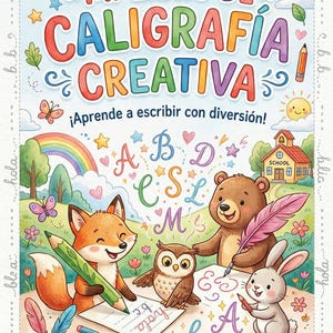 Puede incluir: Portada de libro infantil en español, titulado "MI LIBRO DE CALIGRAFÍA CREATIVA", con el texto "¡Aprende a escribir con diversión!". Muestra un zorro, un búho, un oso y un conejo escribiendo letras, con un arcoíris y una escuela al fondo.
