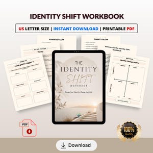 Könnte beinhalten: Ein digitales Arbeitsbuch mit dem Titel "The Identity Shift Workbook" auf einem Tablet, mit Arbeitsblättern und dem Text "US LETTER SIZE | INSTANT DOWNLOAD | PRINTABLE PDF". Das Arbeitsbuch enthält Arbeitsblätter und eine "Download"-Schaltfläche.