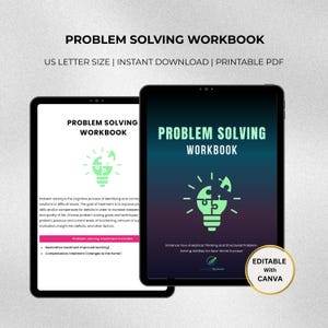 May include: Two digital tablets displaying a "Problem Solving Workbook" with a lightbulb graphic. The text includes "US Letter Size | Instant Download | Printable PDF" and "Editable with Canva". The workbook aims to enhance analytical thinking and problem-solving skills.