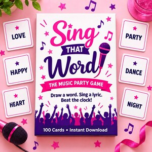 May include: A rectangular game box titled Sing That Word The Music Party Game with a microphone graphic, surrounded by six square cards labelled Love, Party, Happy, Dance, Heart, and Night, all decorated with pink stars and musical notes.