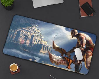 Retro game - Kratos Warrior Pose Desk Mat | God of War Game Mouse Pad