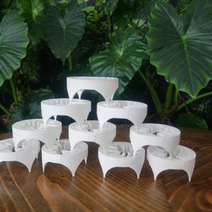May include: A collection of white, plant pot risers arranged on a wooden surface. The risers have a circular top with a series of holes and are supported by three curved legs. Lush green foliage provides a backdrop.