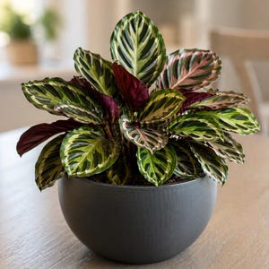 May include: A Calathea plant in a grey ceramic pot. The plant has large, patterned leaves in shades of green, white, pink, and burgundy. The round pot sits on a light-coloured wooden surface. The plant is a houseplant.