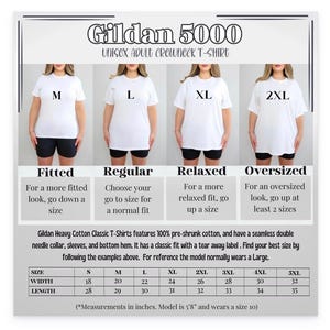 May include: A product image showcasing a Gildan 5000 unisex adult crewneck t-shirt. The image displays four models wearing white t-shirts in sizes M, L, XL, and 2XL. The graphic includes a size chart with measurements in inches and details about the shirt's features.
