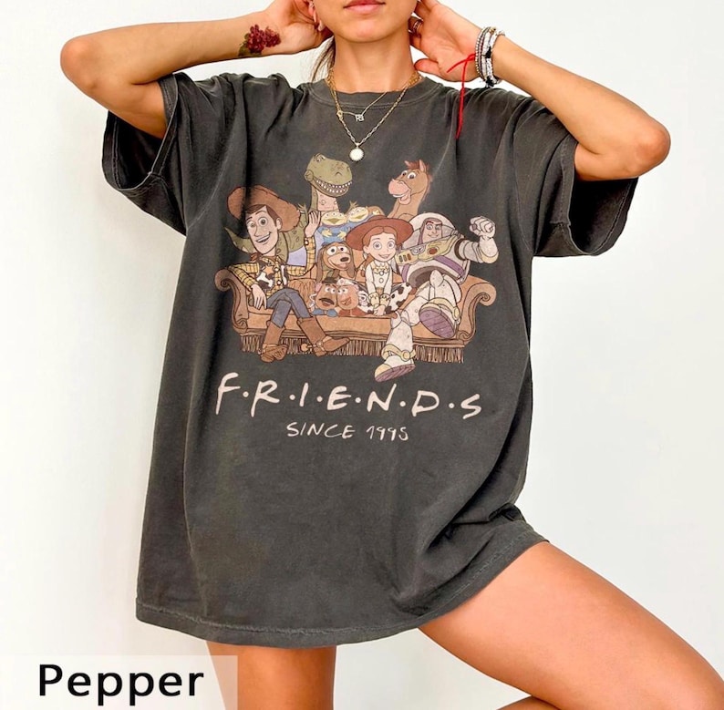 May include: Pepper-colored t-shirt featuring a graphic of characters from the Toy Story movie, seated on a couch. The word "FRIENDS" is printed in white, with "SINCE 1995" below. The shirt has short sleeves and a relaxed fit.