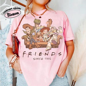 May include: Pink t-shirt with a graphic featuring characters from the Toy Story movie, seated on a brown couch. The word "FRIENDS" is printed below the graphic, with "SINCE 1995" underneath. The shirt has the words "COMFORT COLORS" and "Blossom" printed on the top left.